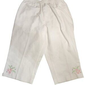 Womens Petite Capri Pants White Floral Embroidered Elastic Waist Grannycore M
